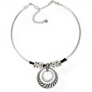 Choker Necklace C1946 Double Ring Pendant Y2K Boho Silver Tone Black Swirl Cato